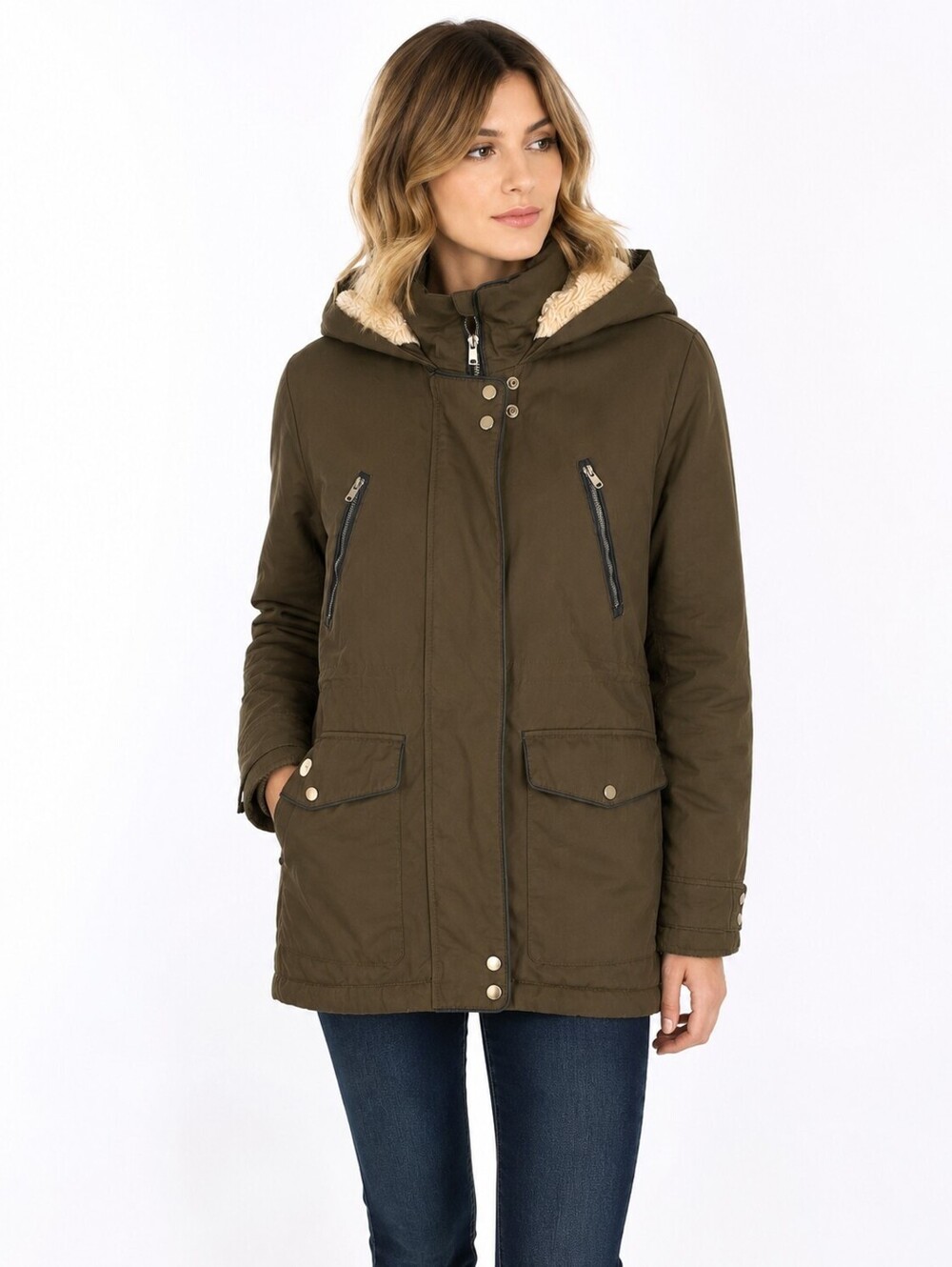 Zara Trafaluc Women's Hooded Utility Parka Olive Green Faux Sherpa Lined Coat- M